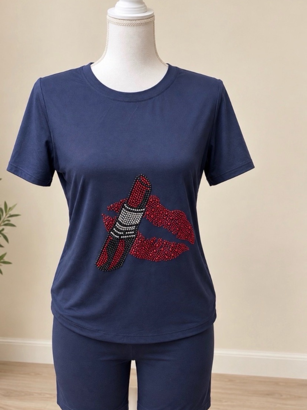 Navy Short-Sleeve Tee with Lip & Lipstick Embellishment